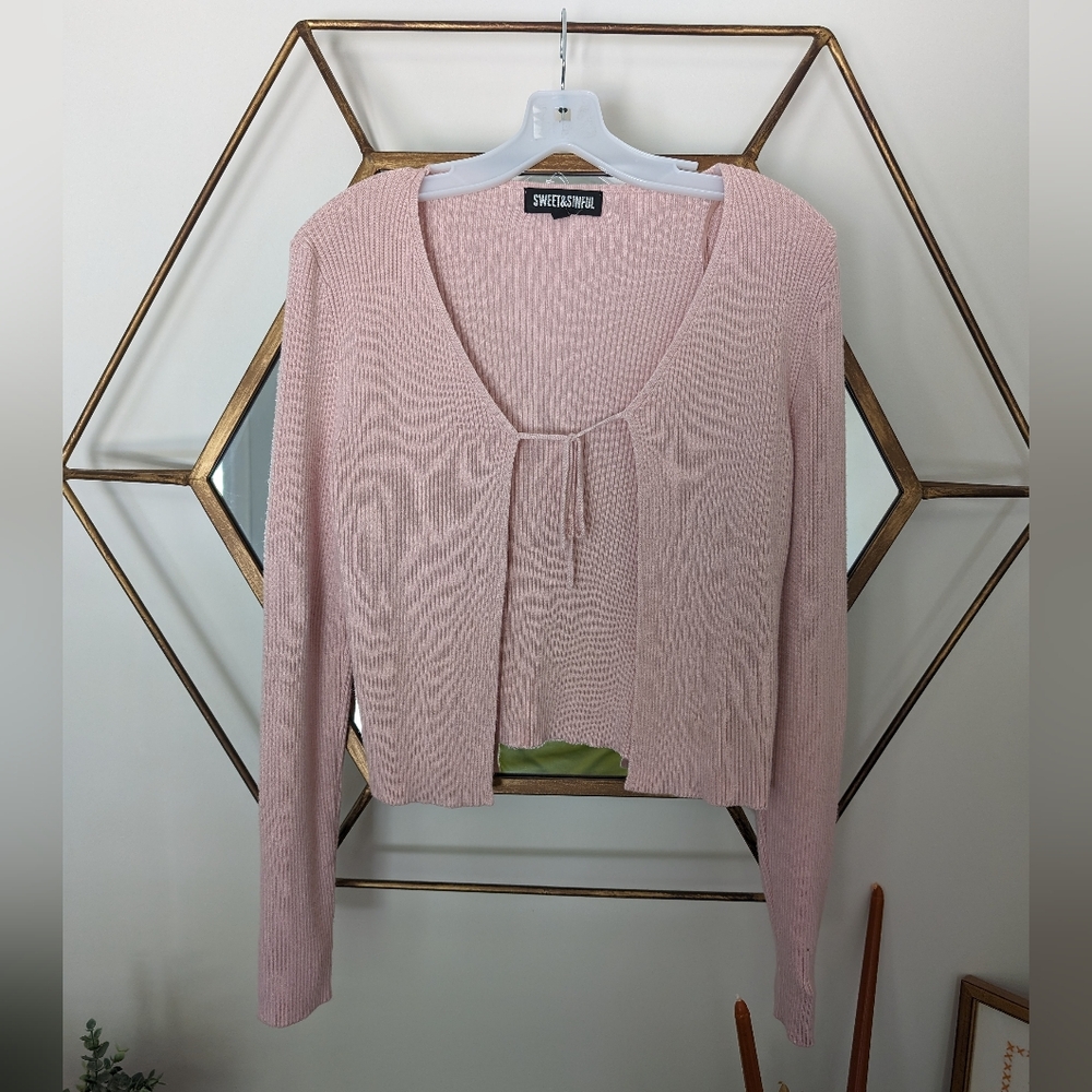 Sweet and Sinful, pink tie cardigan sweater, size M